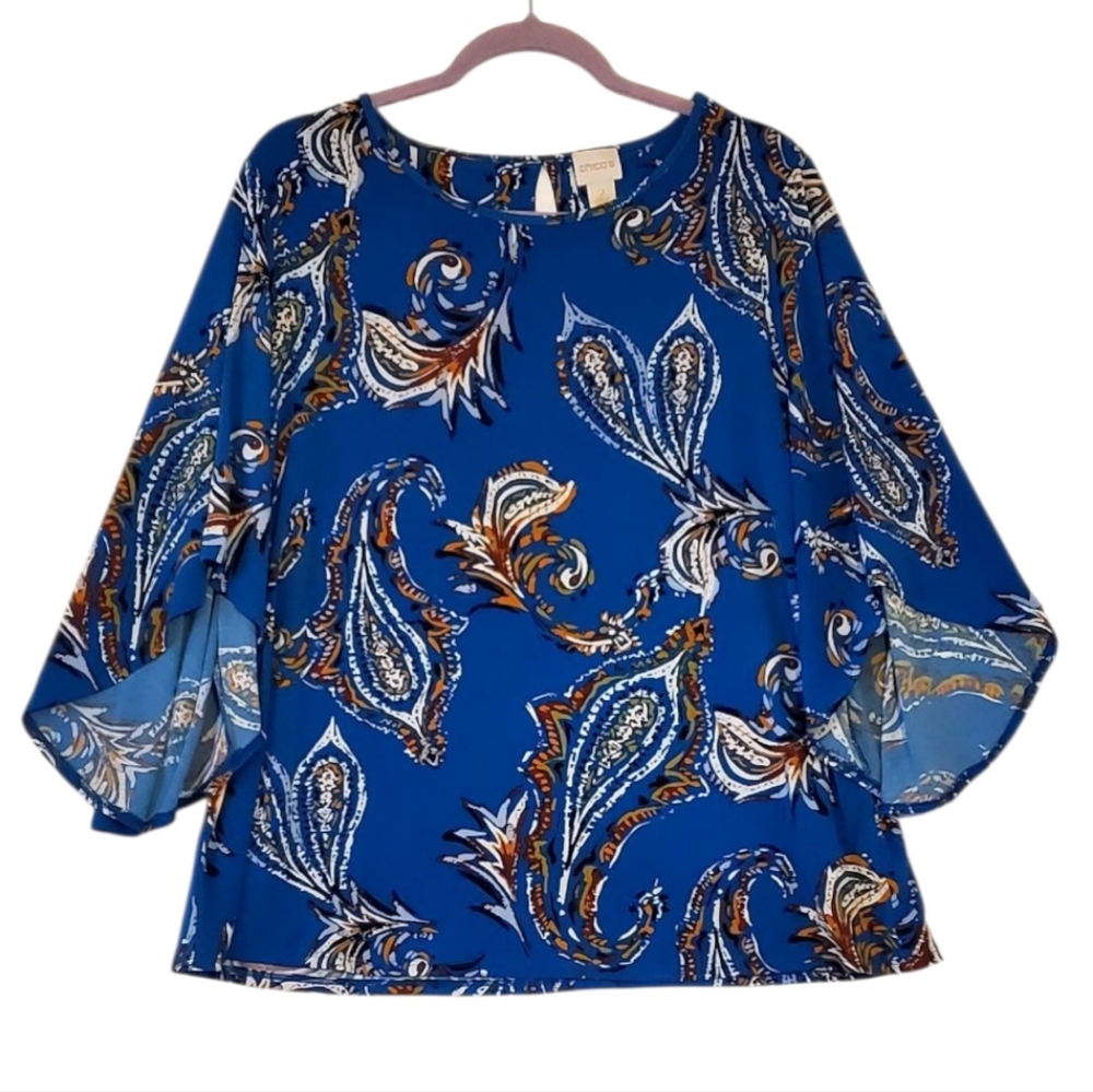 New Womens Chicos Blue Abstract Patterns Flare Sleeves Size 2 NWOT